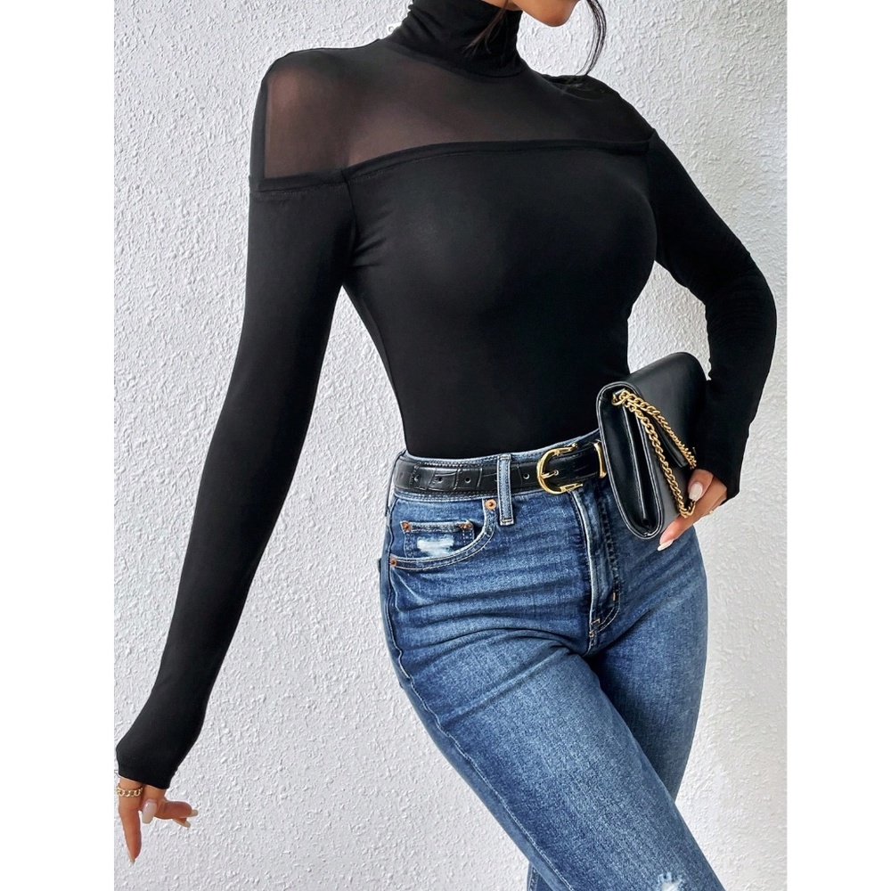 Black Long Sleeve Slim Fit High Stretch Top Sheer Mesh Insert Tee Shirt - Picture 6 of 7